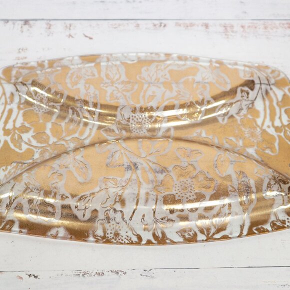 Mid-Century 22K Gold Leaf Divided Glass Tray Snack Platter Trinket Catch-All - Picture 3 of 6